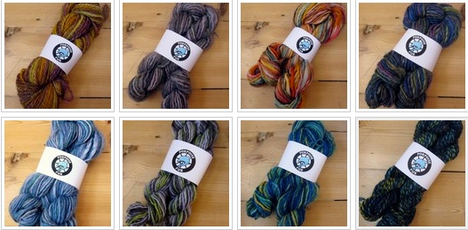 Handspun clockwise from top left: Hooray Sheep! Corriedale 2-ply, Ply by Night BFL singles, Twenty Ten Corriedale singles, Night Must Fall Humbug BFL singles, Scarab Shetland/Shetland-silk 2-ply, Scarab Shetland singles, Death to MRSA BFL singles, Botany Bay alpaca/merino singles.