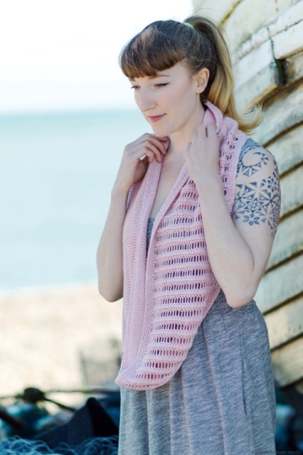 Bagatelle Cowl in Islington DK in "Peony", image copyright 2015 Juju Vail for Kettle Yarn Co.