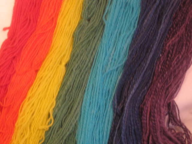 From left to right: Congo Red, Ethidium Bromide, Yellow Fluorescent Protein, Oregon Green, Xylene Cyanole, Coomassie Blue and Crystal Violet