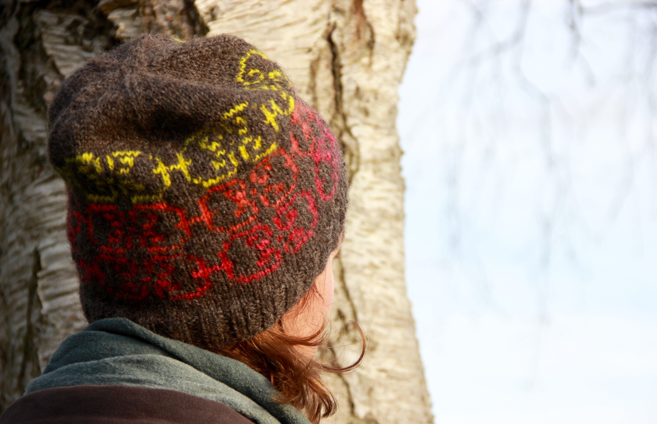 Undyed natural brown Shetland, with Congo Red, Ethidium Bromide and Yellow Fluorescent Protein as the contrast colours