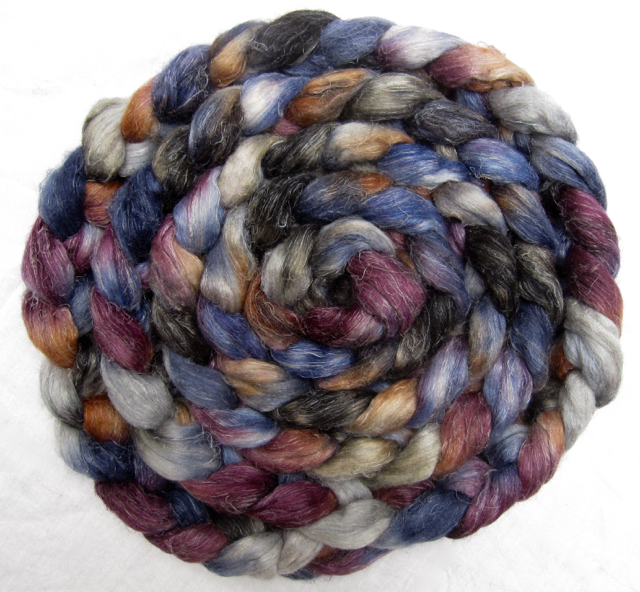 Quarter 2 LGFC colourways: Enchantress of Number on 60/40 merino/flax (June), Blue Lias on Merino d'Arles (May) and Cacophany on Shetland (April).