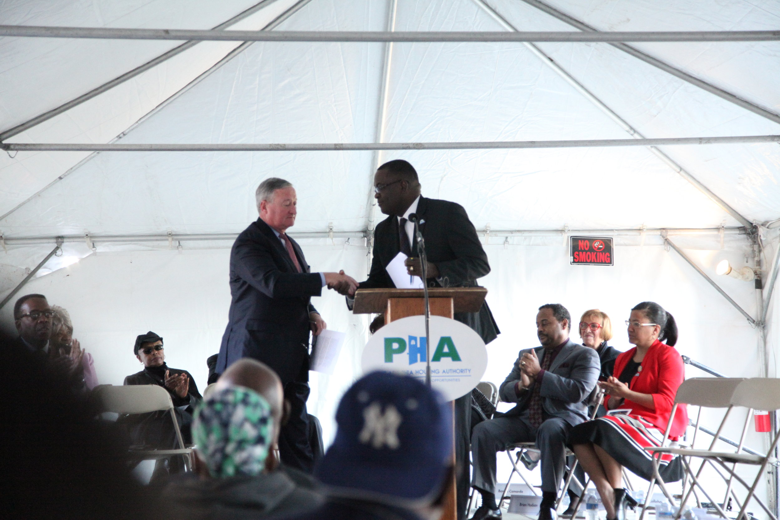 Mayor Jim Kenney shakes hands with PHA President & CEO, Kelvin Jeremiah