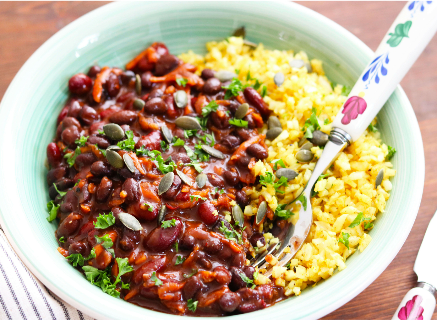 Vegan Chili with Spiced Cauliflower Rice
