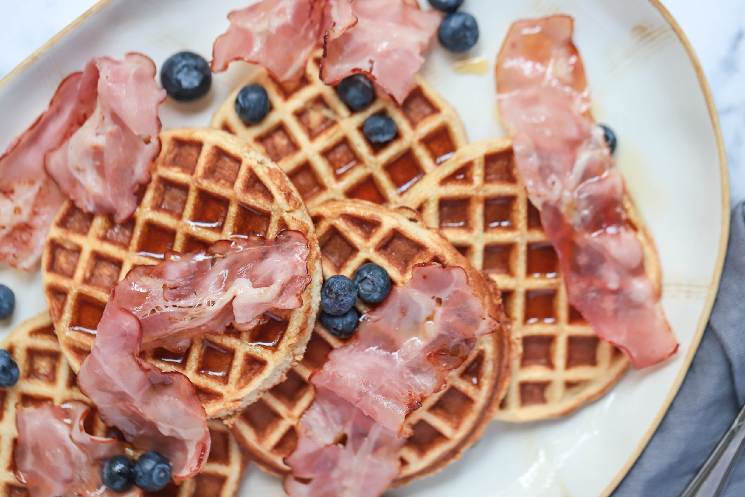Waffles with Bacon, Blueberries, and Maple Syrup