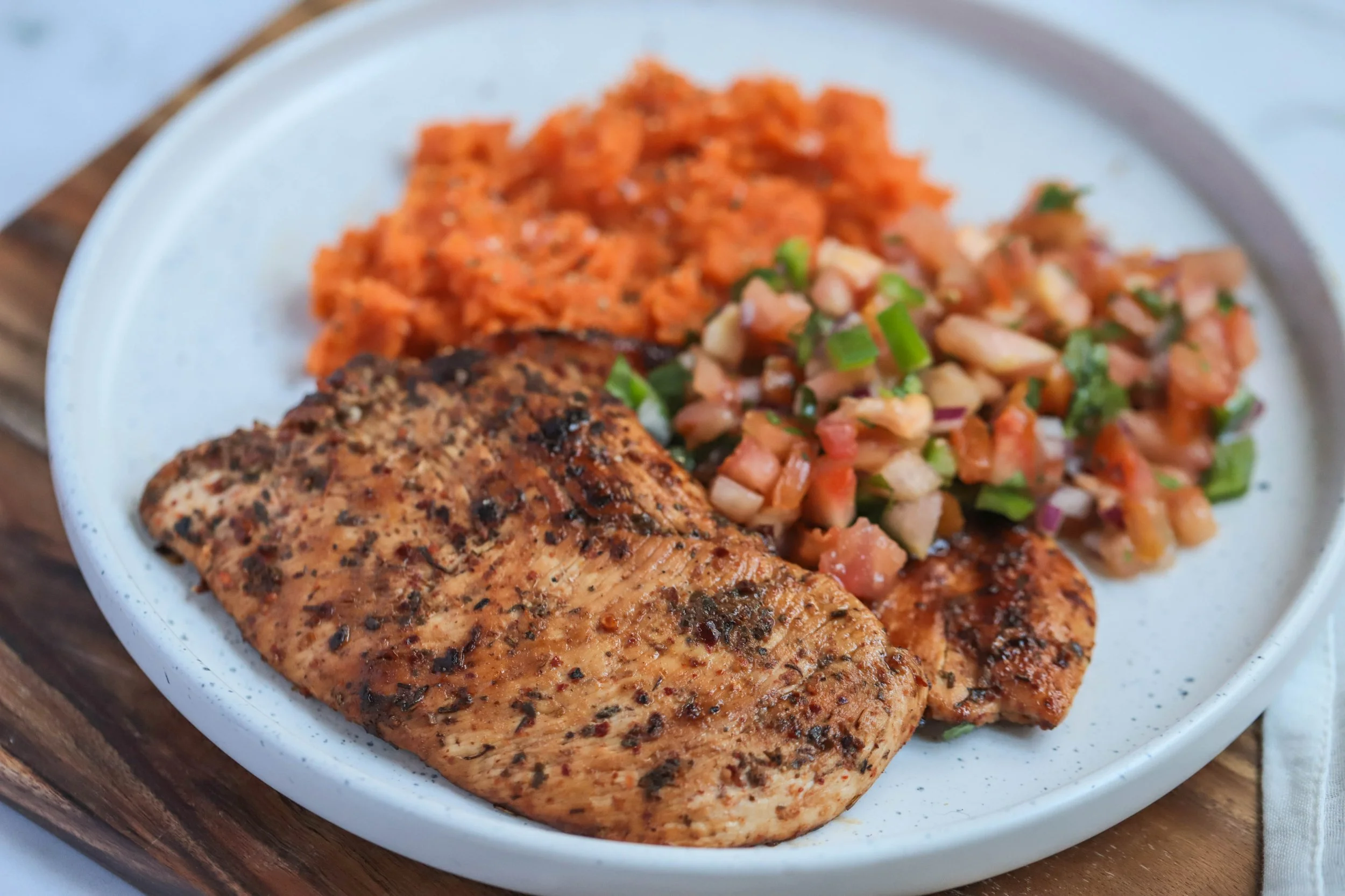 Marinated Chicken, Mashed Sweet Potato and Tomato Salad
