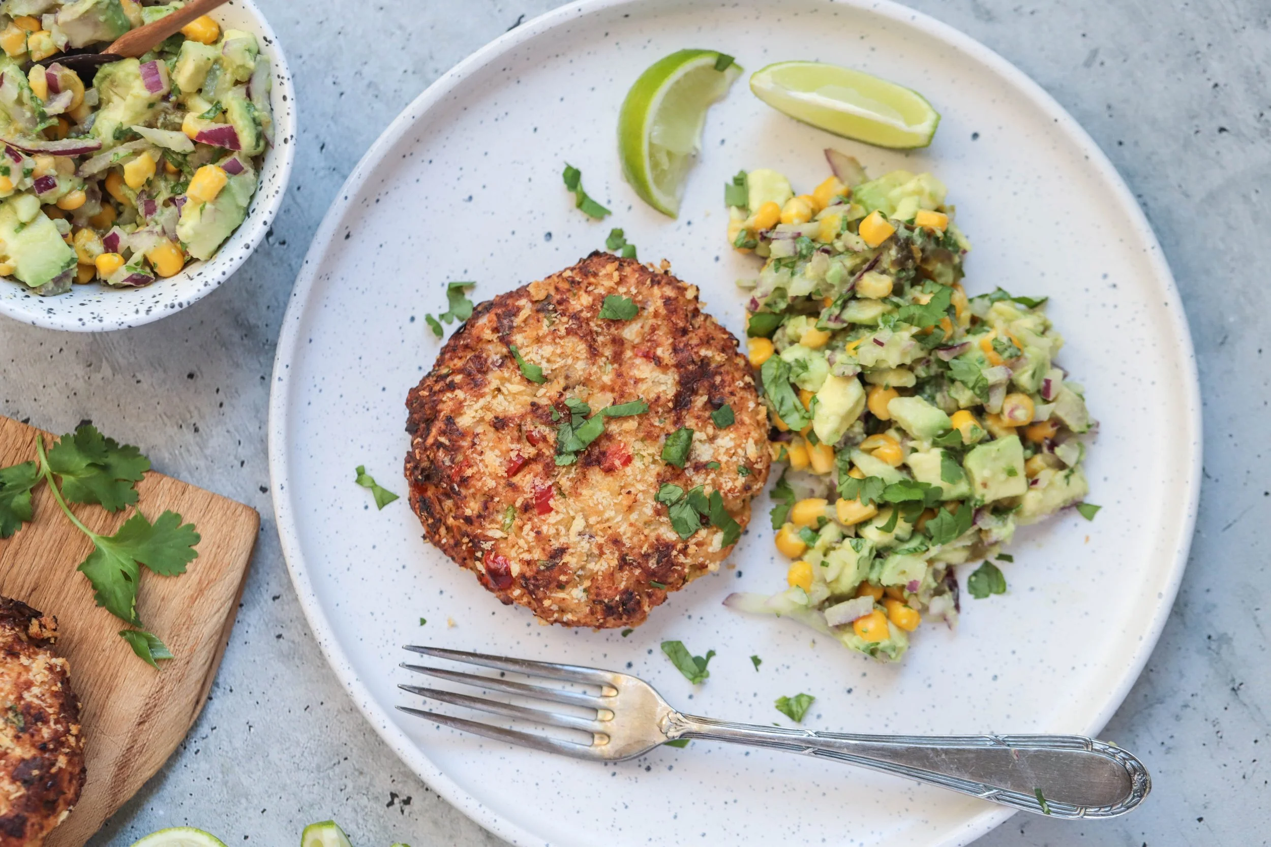 Spicy Shrimp Patties with Avocado Corn Salsa