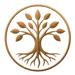 A stylized tree with a circular border, featuring brown leaves and roots against a transparent background.