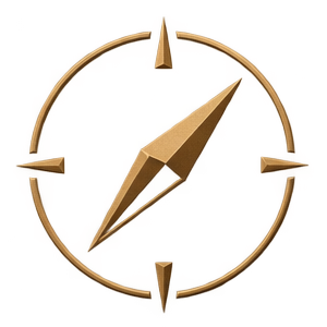 A decorative compass with a gold-colored frame and a gold needle pointing northeast, set against a red background.