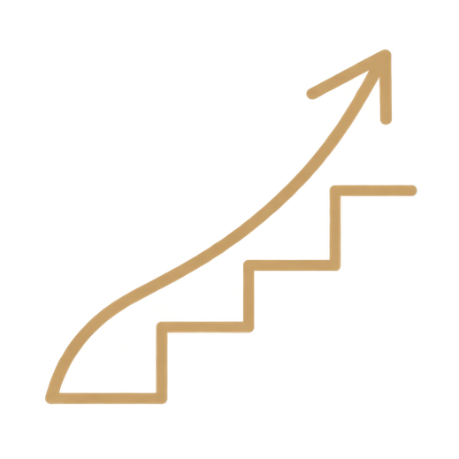 A brown staircase with an upward arrow climbing along it, indicating growth or progress.