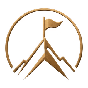 A logo featuring a gold flag on a stylized mountain with a gold circular ring around it.