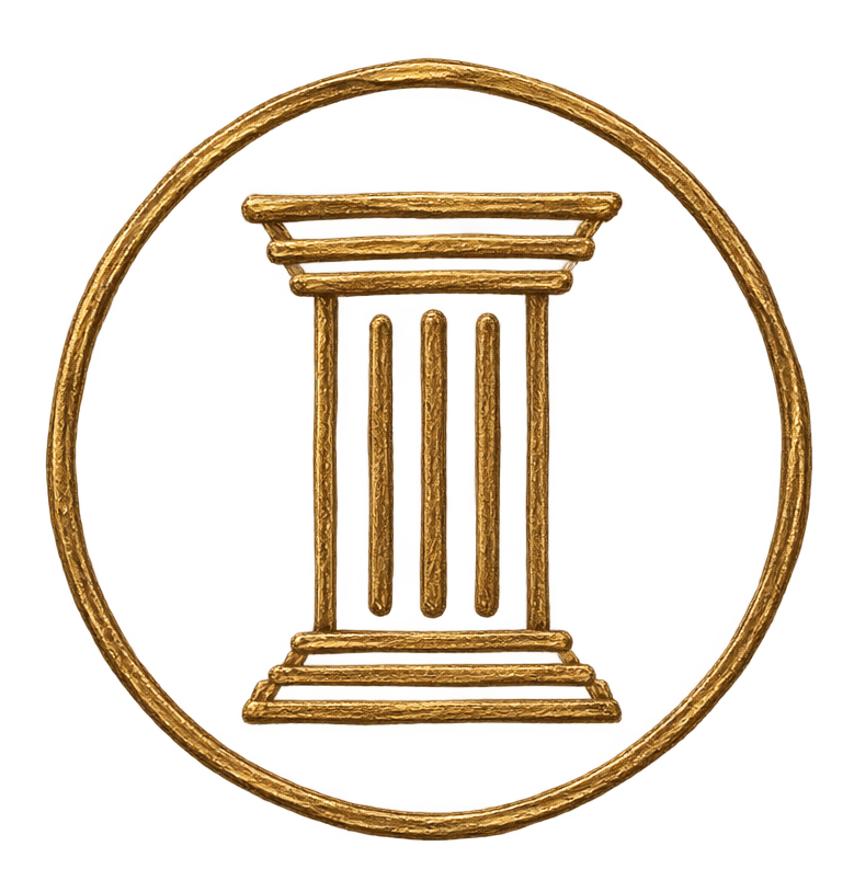 A graphic of a gold-colored classical Greek or Roman style column inside a circular border, with a red background.