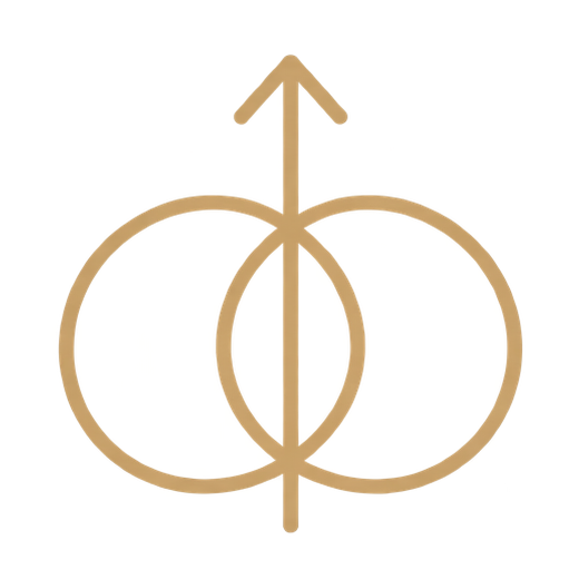 A symbol of two overlapping circles with a vertical arrow passing through the centers, all in gold color.