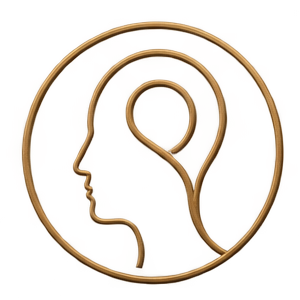 A stylized line drawing of a human head in profile with an ear, enclosed within a circular outline.