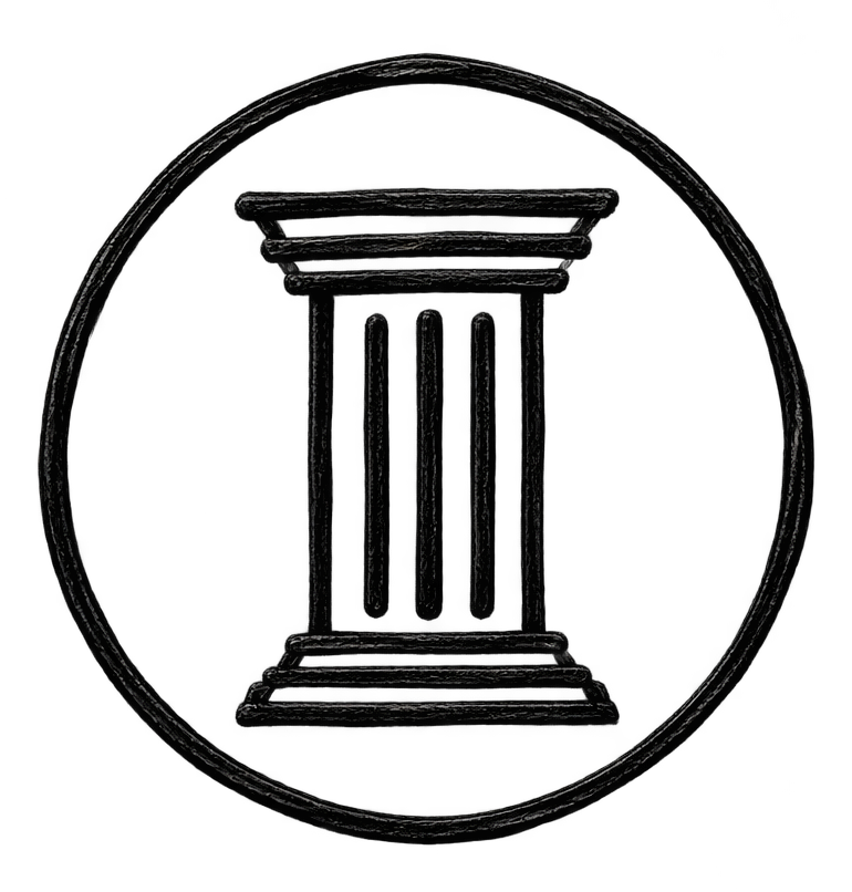 A black and white drawing of a classical temple with three columns inside a circle.
