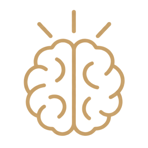Outline of a brain with lines radiating from the top, symbolizing thinking or ideas.