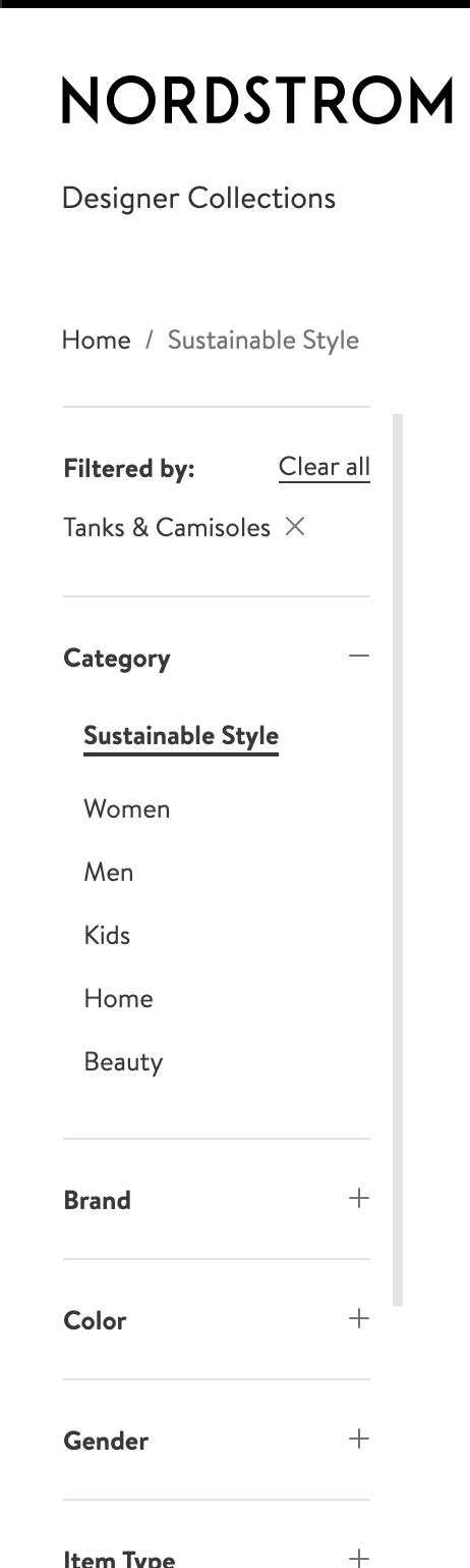 Filtering by Sustainability Example - Nordstrom