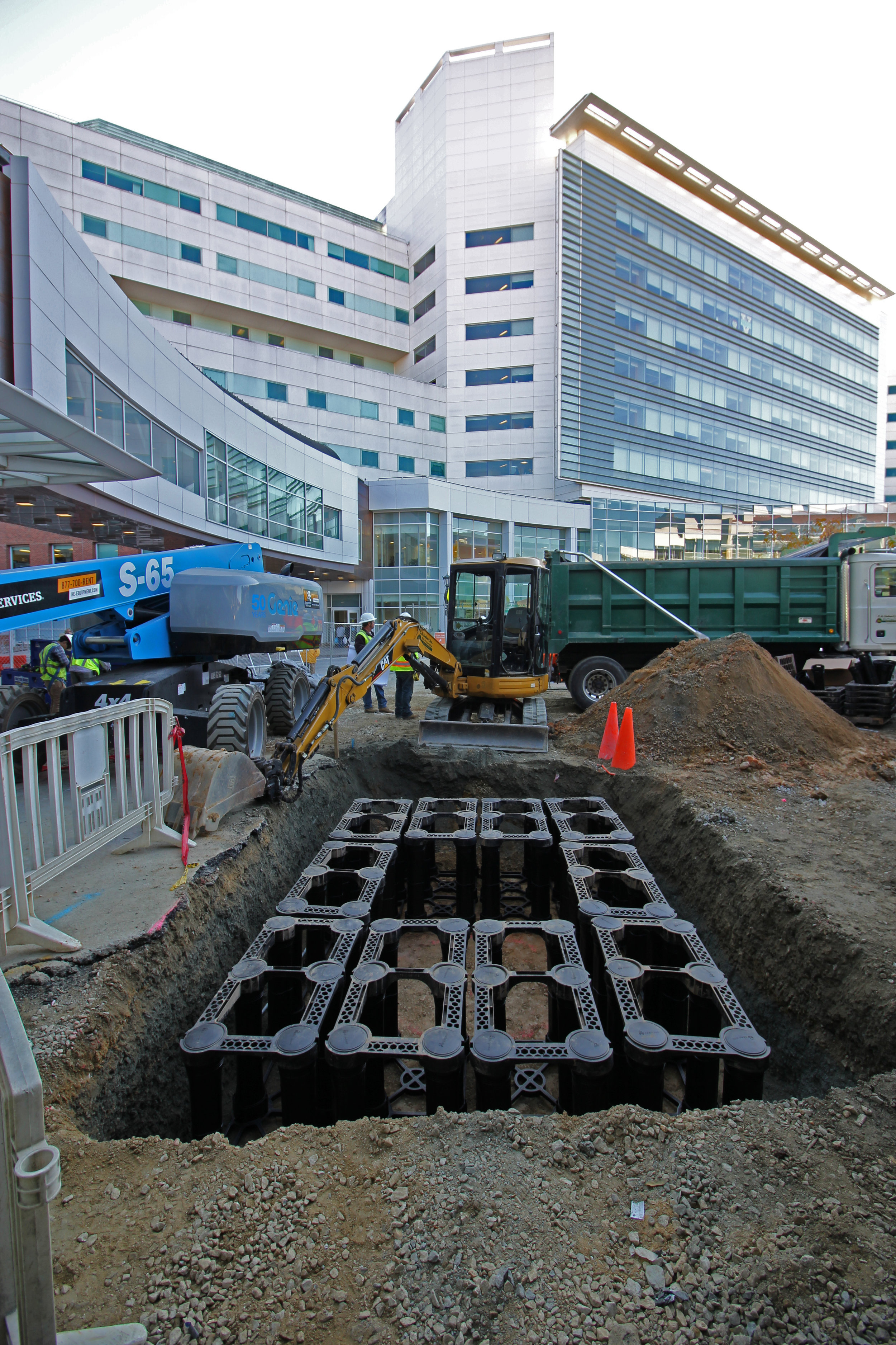 The modular suspended paving system provides uncompacted soil for tree roots while still supporting the weight of concrete paving above. Should make a nice home for a happy little tree! 
