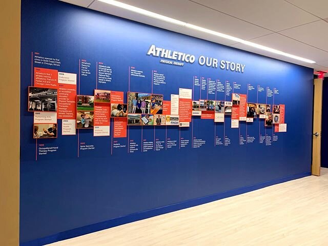 The timeline has been completed at the new @athletico_pt headquarters in Oak Brook. As well as some graphics in the training room. Thanks to @riotcreativeimaging for a great install!