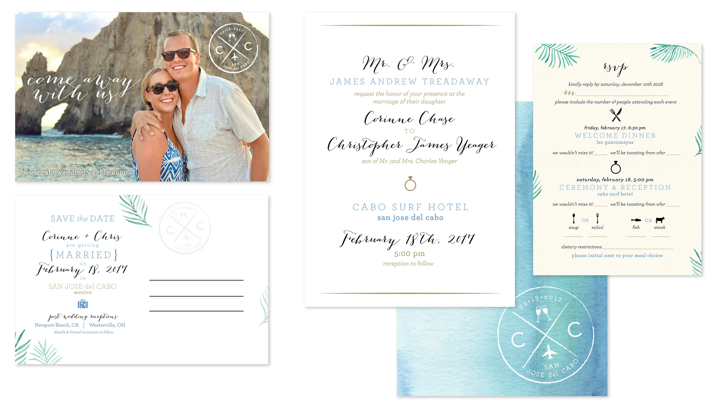 save the date, wedding invitation front & back, RSVP card