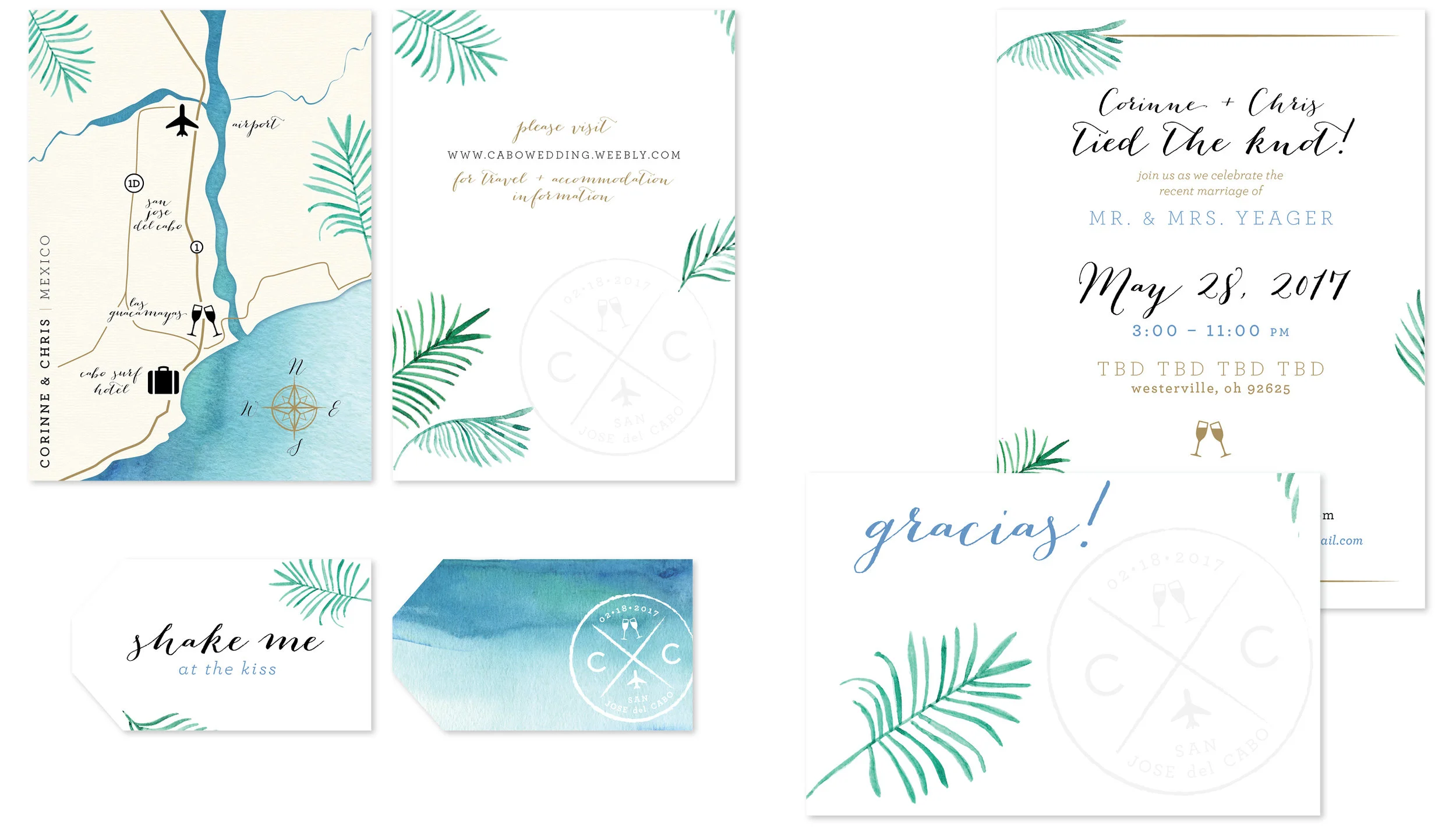 map of venues insert, maraca tag, reception invitation, thank you card envelope