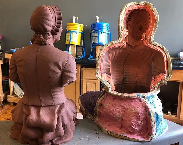 Elizabeth and Bizarro Elizabeth. 🤔Mold came out great! Delivered her to the foundry today. Can&rsquo;t wait to see the waxes in a few weeks. #moldmaking #smoothon #rebound25 #figuresculpture #representationalart #classicalart #publicart #marion #mas