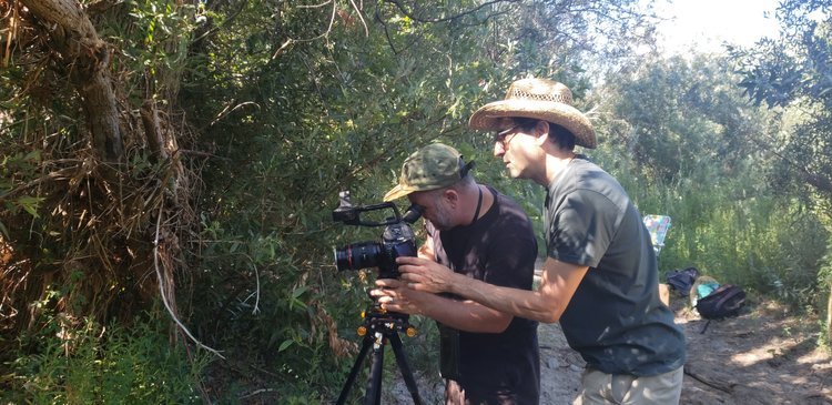 Two men outdoors with a camera on a tripod, surrounded by dense greenery and trees, one wearing a straw hat and the other a camo cap