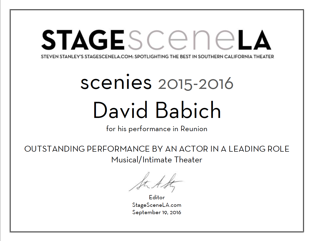 Award certificate from StageSceneLA for outstanding performance by an actor in a leading role, given to David Babich for 'Reunion,' dated September 19, 2016.