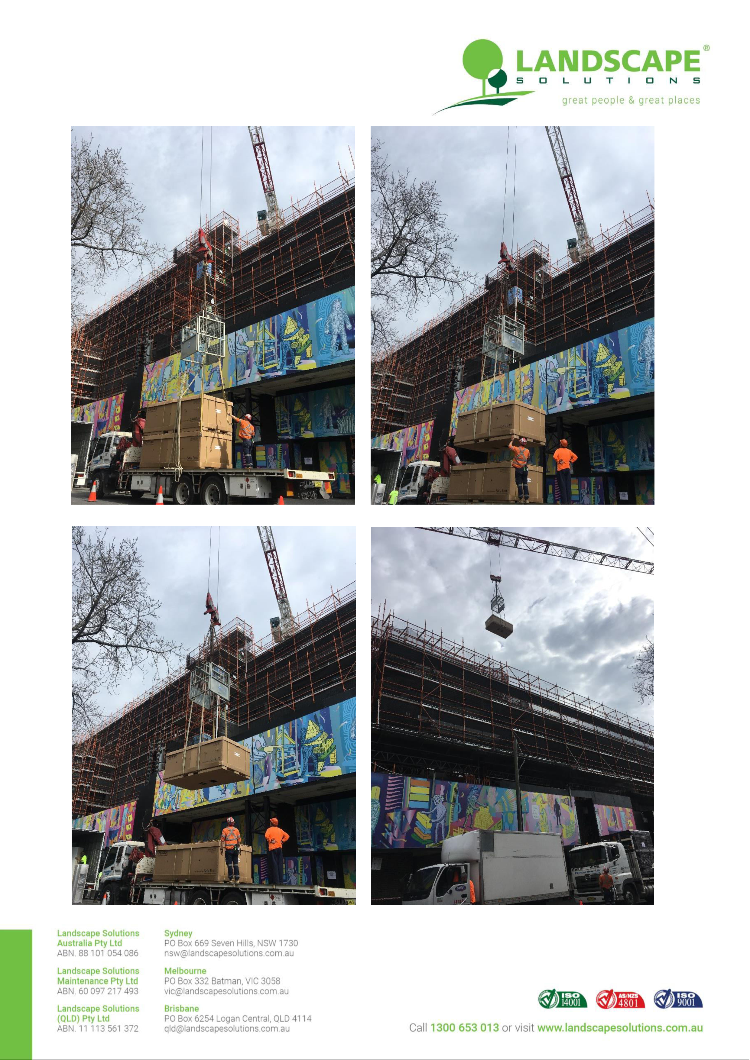 Example of the installation of very large grc planters at the sydney university by landscape solutions where purpose built packing and a tailored lifting solution were utilized