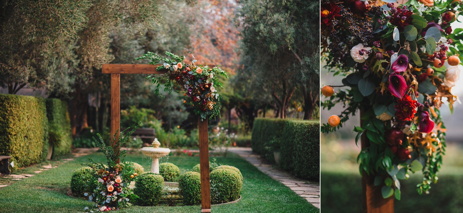 Wooden Wedding Arch with Flowers - Bellevue Floral Co Allied Arts Guild Wedding - Best Bay Area Wedding Photographers