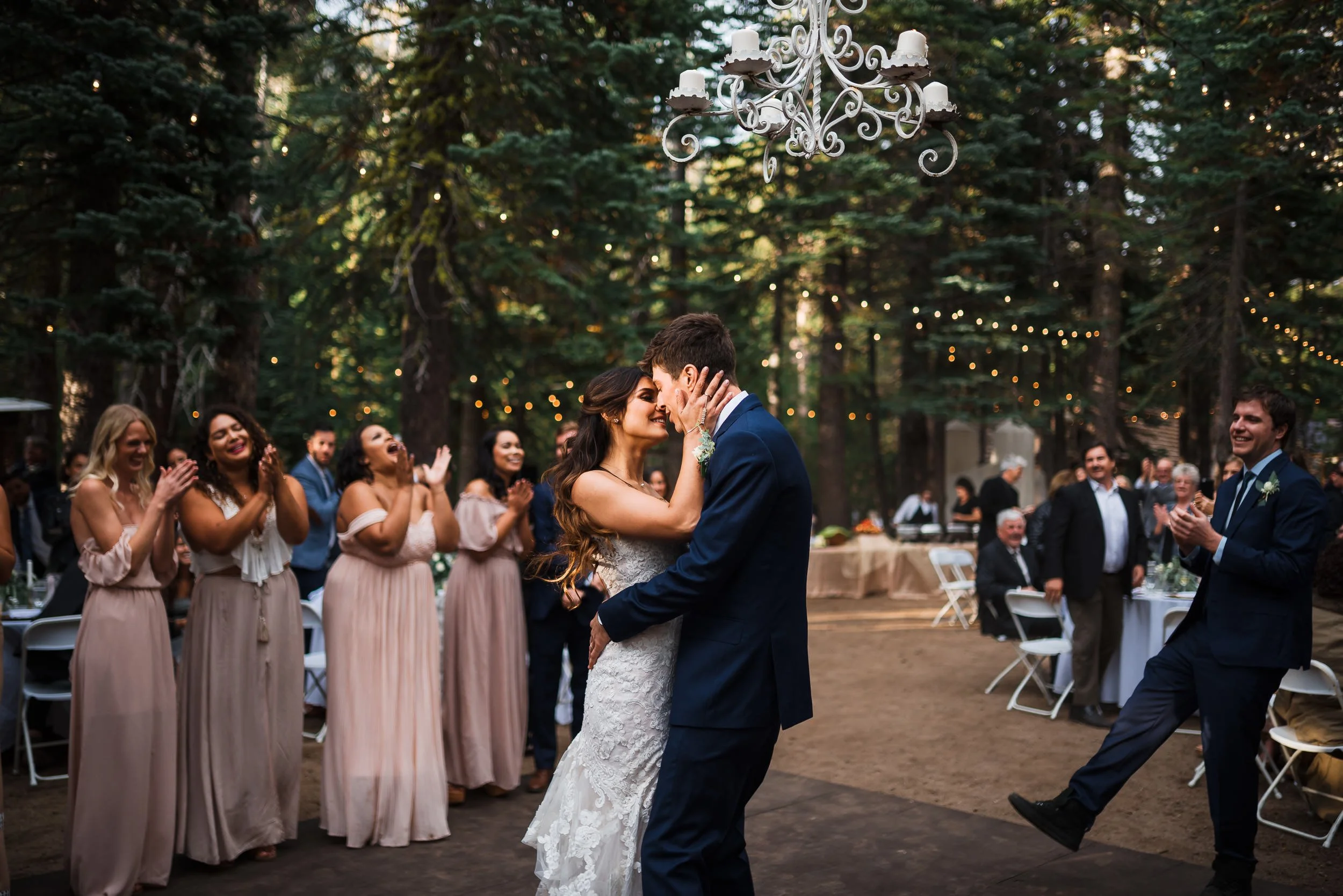 Bride and groom entering their Lake Tahoe wedding reception