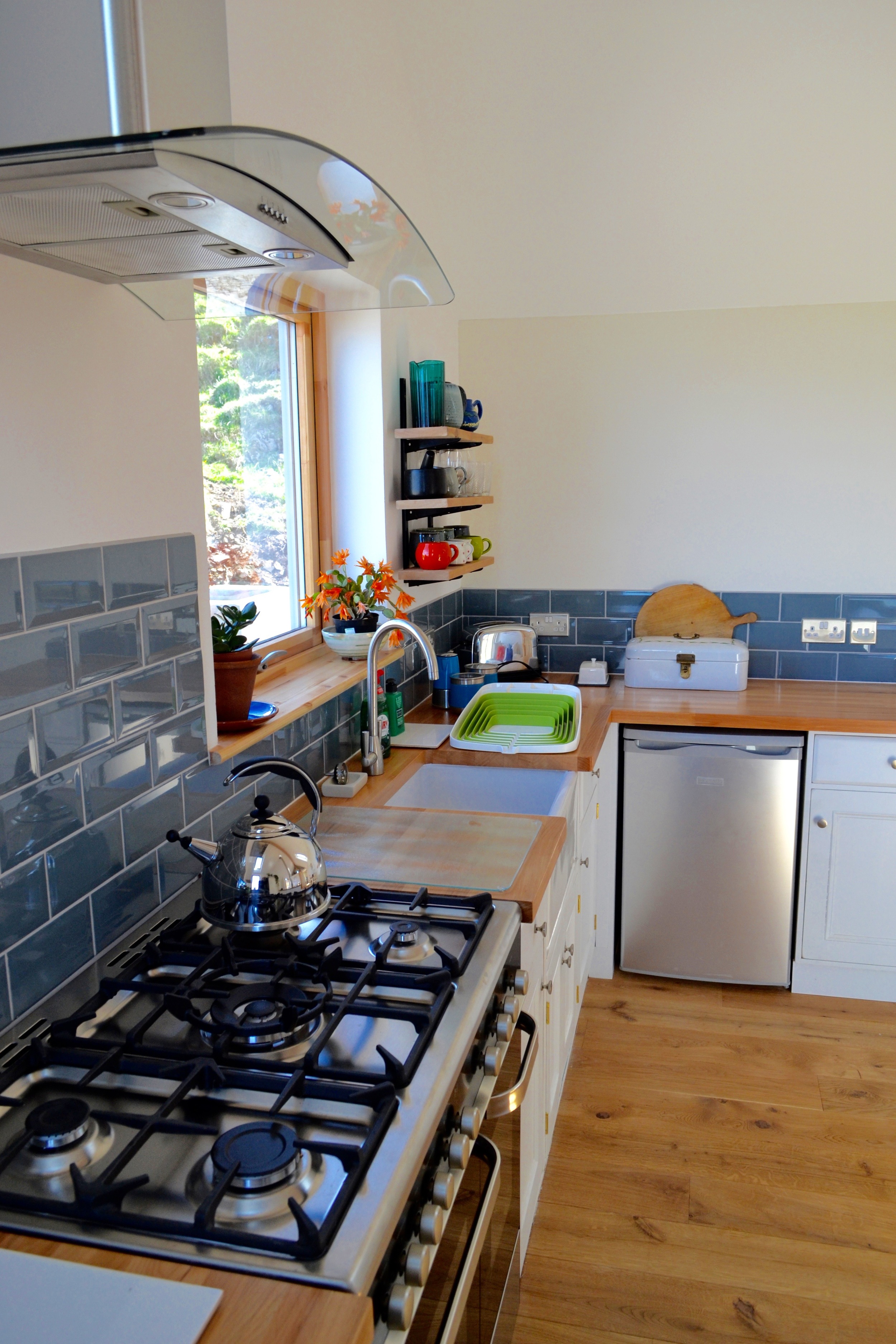 Kitchen with view to Cleadale cliffs