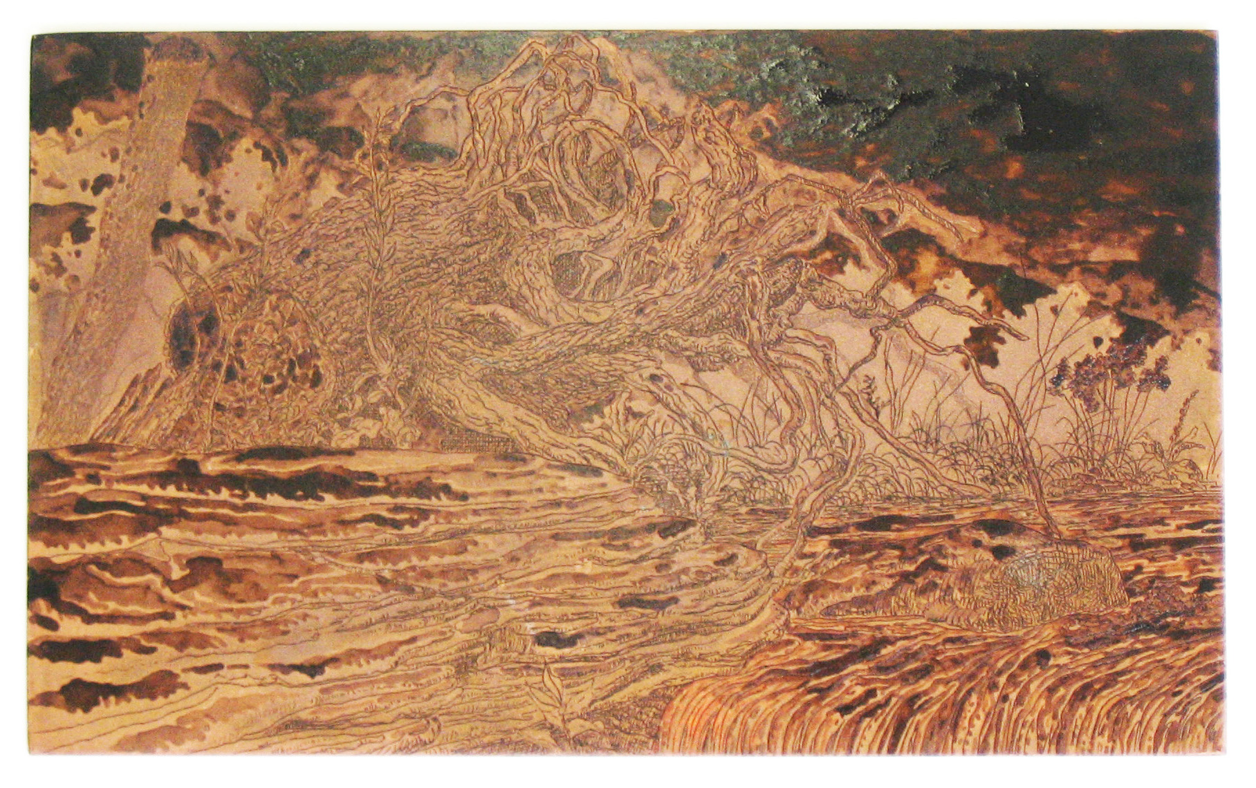Earlier stage of the copper plate with stop-out ground. Processing by Jennifer Melby.