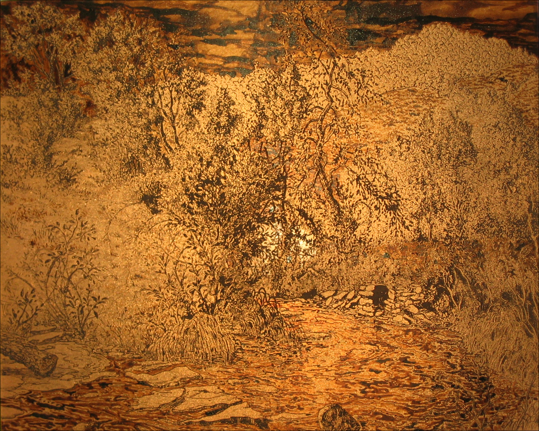 The copper plate in an early state, in preparation for an aquatint.