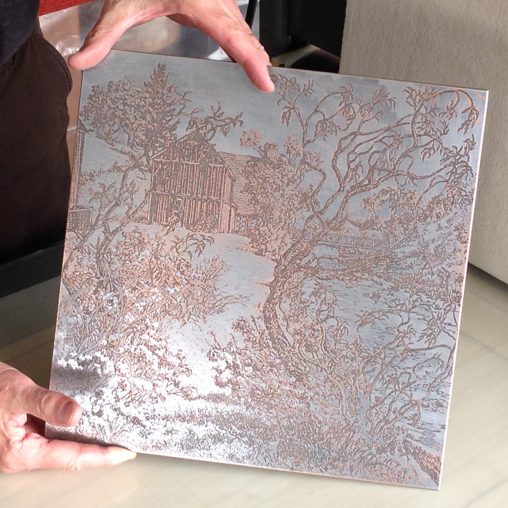 The deep etch of the soft ground is evident and the copper plate is beginning to show through the steel facing after it was proofed and editioned many times.