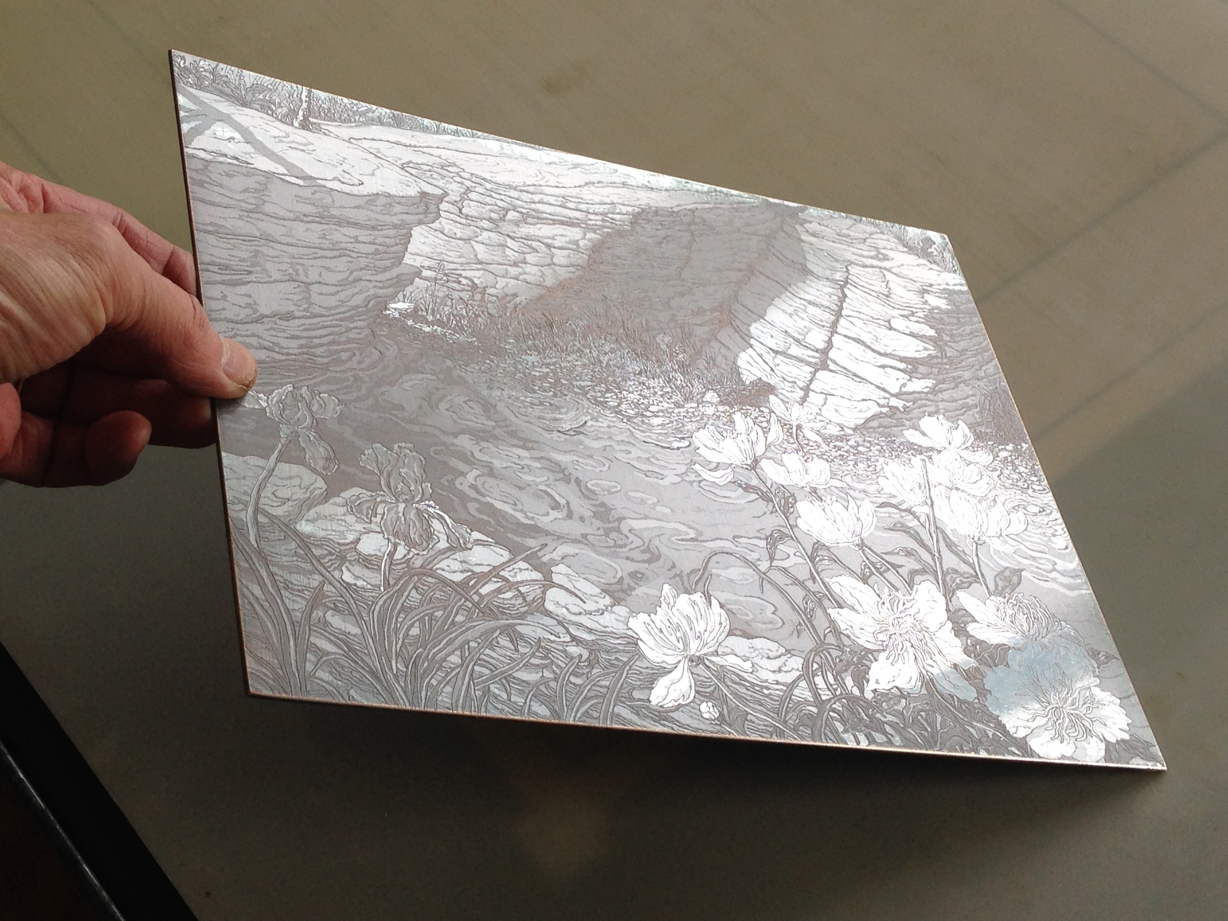 Before the copper plate, with it's delicate aquatints, is ready for editioning, a microscopically thin layer of pure iron has bee deposited onto the plate.