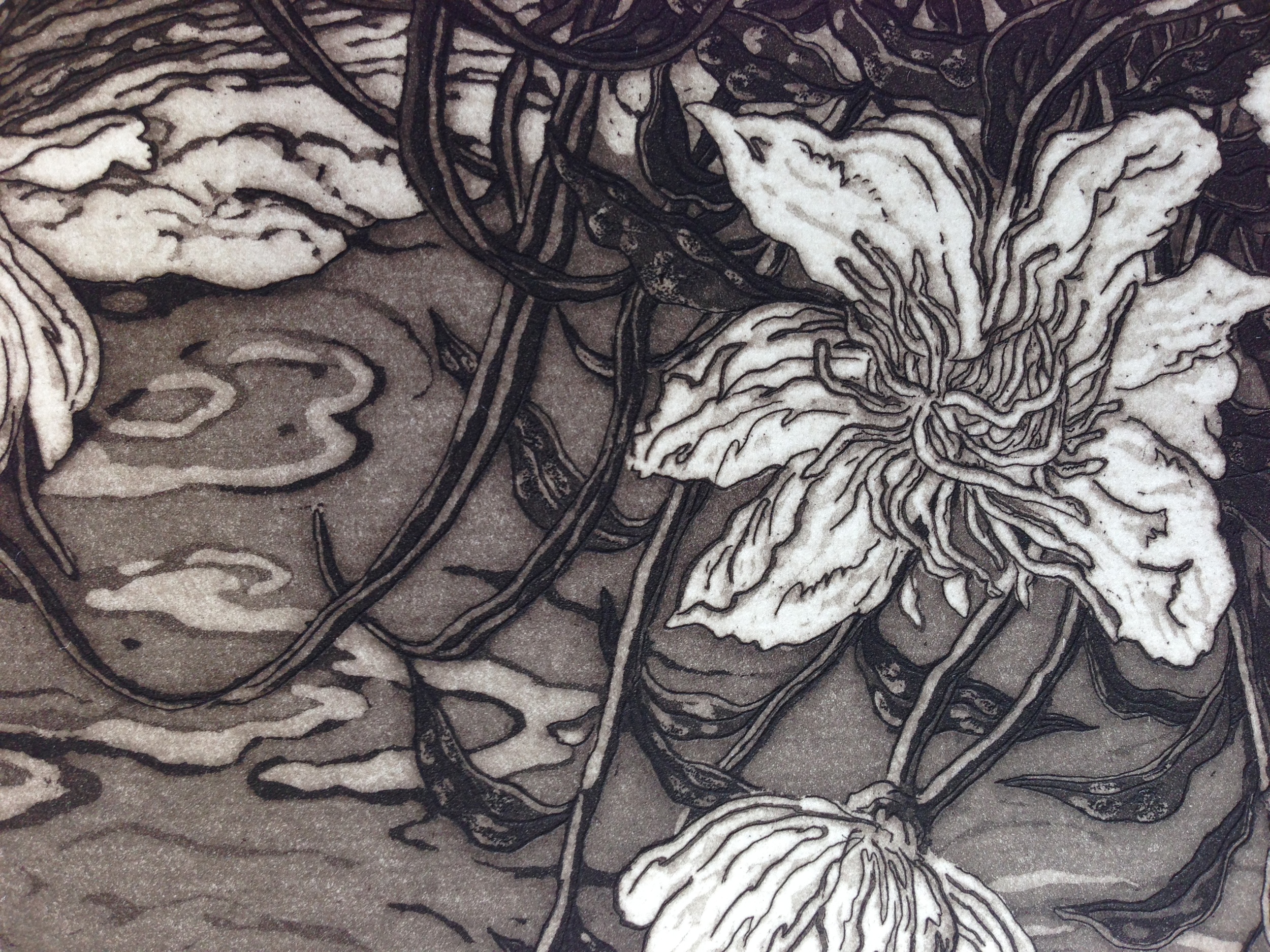 This detail from "Peonies and Creek" reveals Jack's precise control and elaborate scheme.