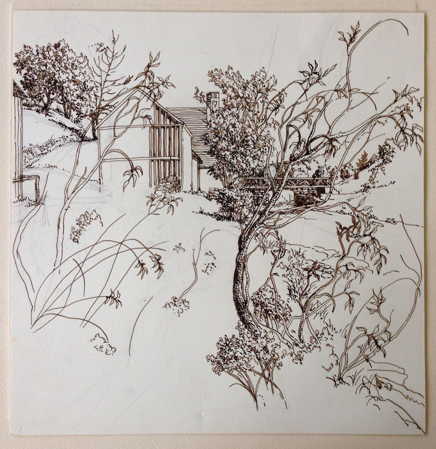 This partially completed ink drawing may be the first drawing Jack did for his print of the Labor Studio and the near-by creek and bridge.