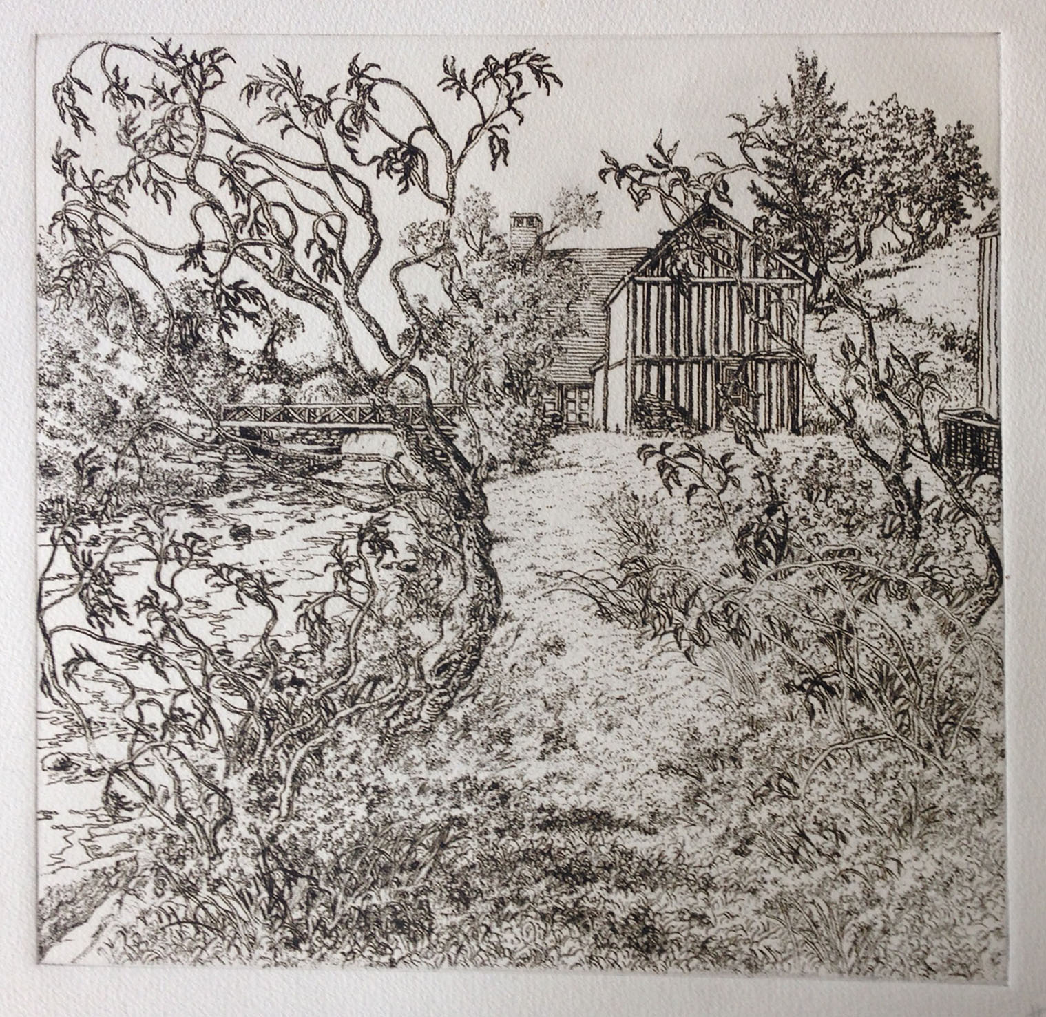 The ink drawing was used to develop the print as a soft ground etching, quite different in character from lines drawn with a needle into a hard ground.