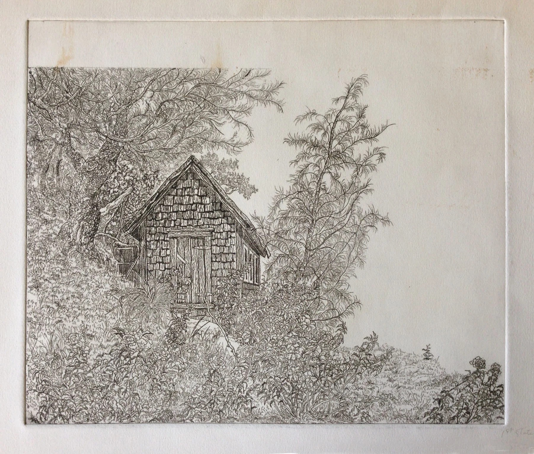 A proof from the first state shows an embossed plate mark at the top of the image. The copper plate was larger than Jack's drawing and would be cut down later. 