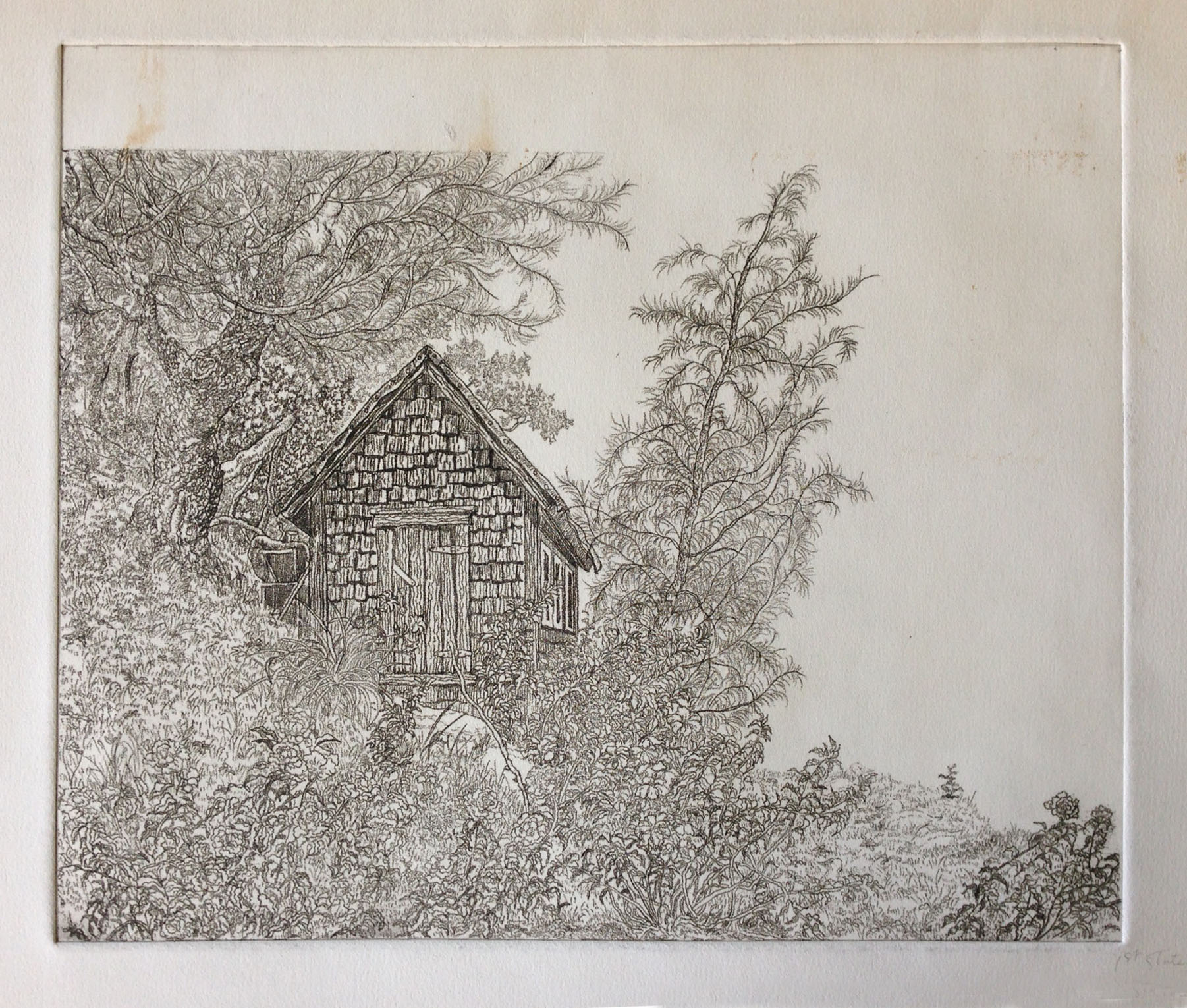 A proof from the first state shows an embossed plate mark at the top of the image. The copper plate was larger than Jack's drawing and would be cut down later. 