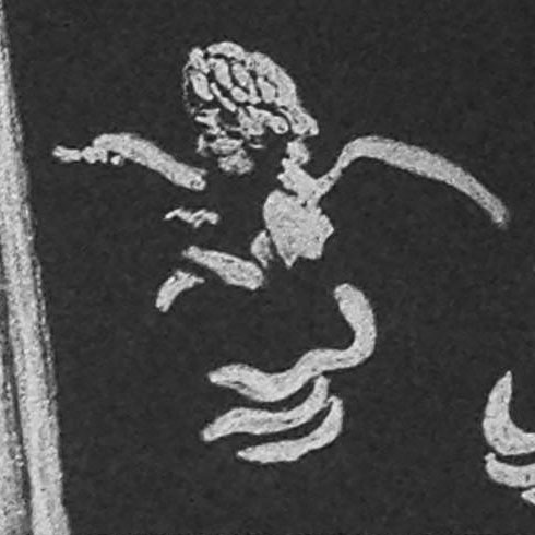 A detail of one of the angels in the lower left corner of the print.