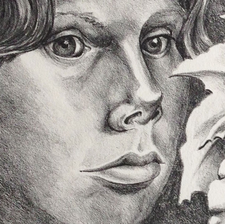 This detail shows the grain of the lithographic limestone that Sondra drew on.