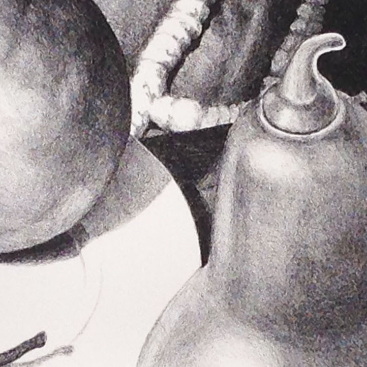 This detail seems to incorporate all the major elements of the print. It is about light hitting two different pears, a plate, a wooden table and a fabric with a deep fuzzy pile. Nice stem.