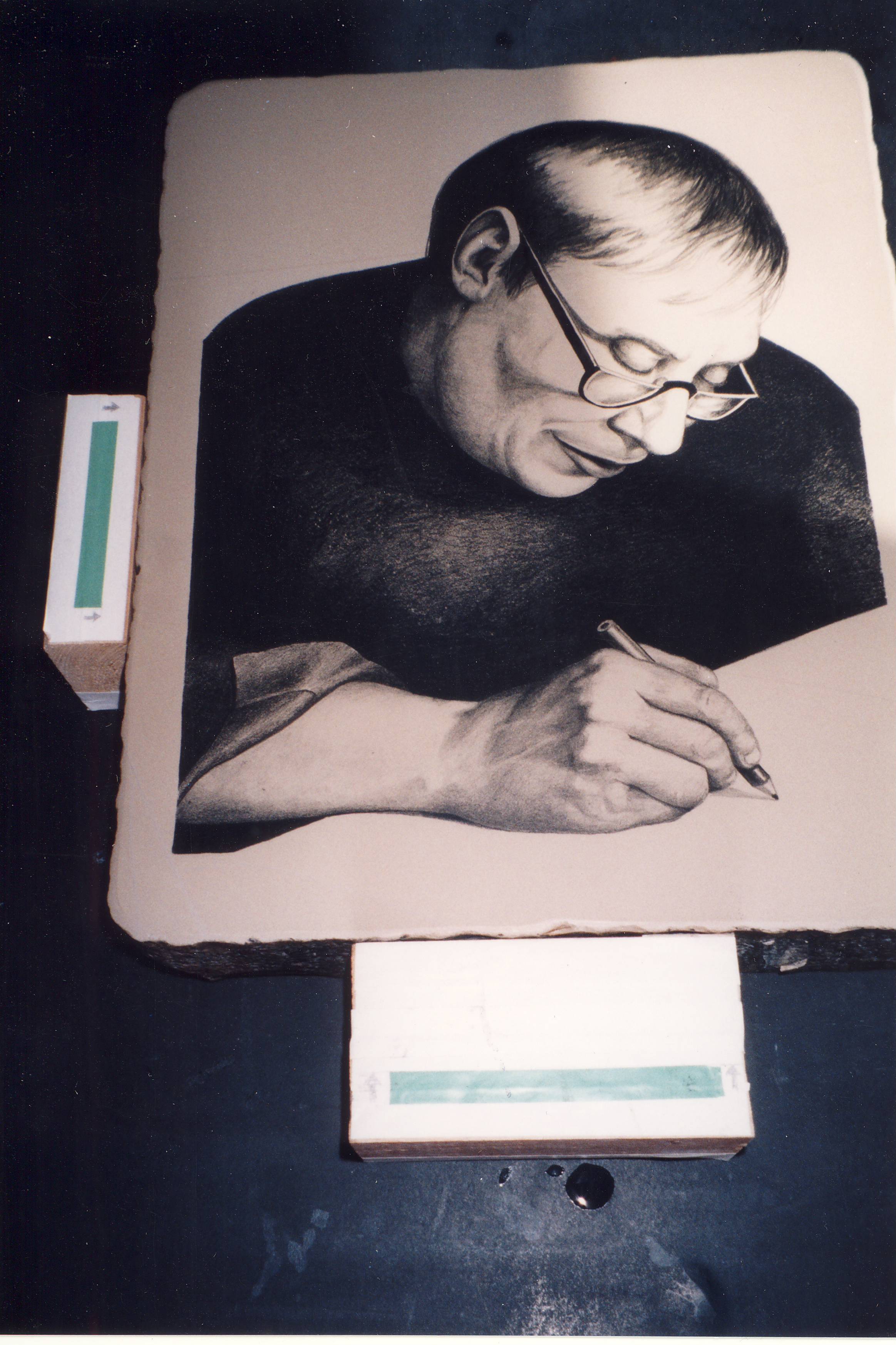 This view of a litho stone shows Jack as Sondra drew his image, with a pencil in his right hand.