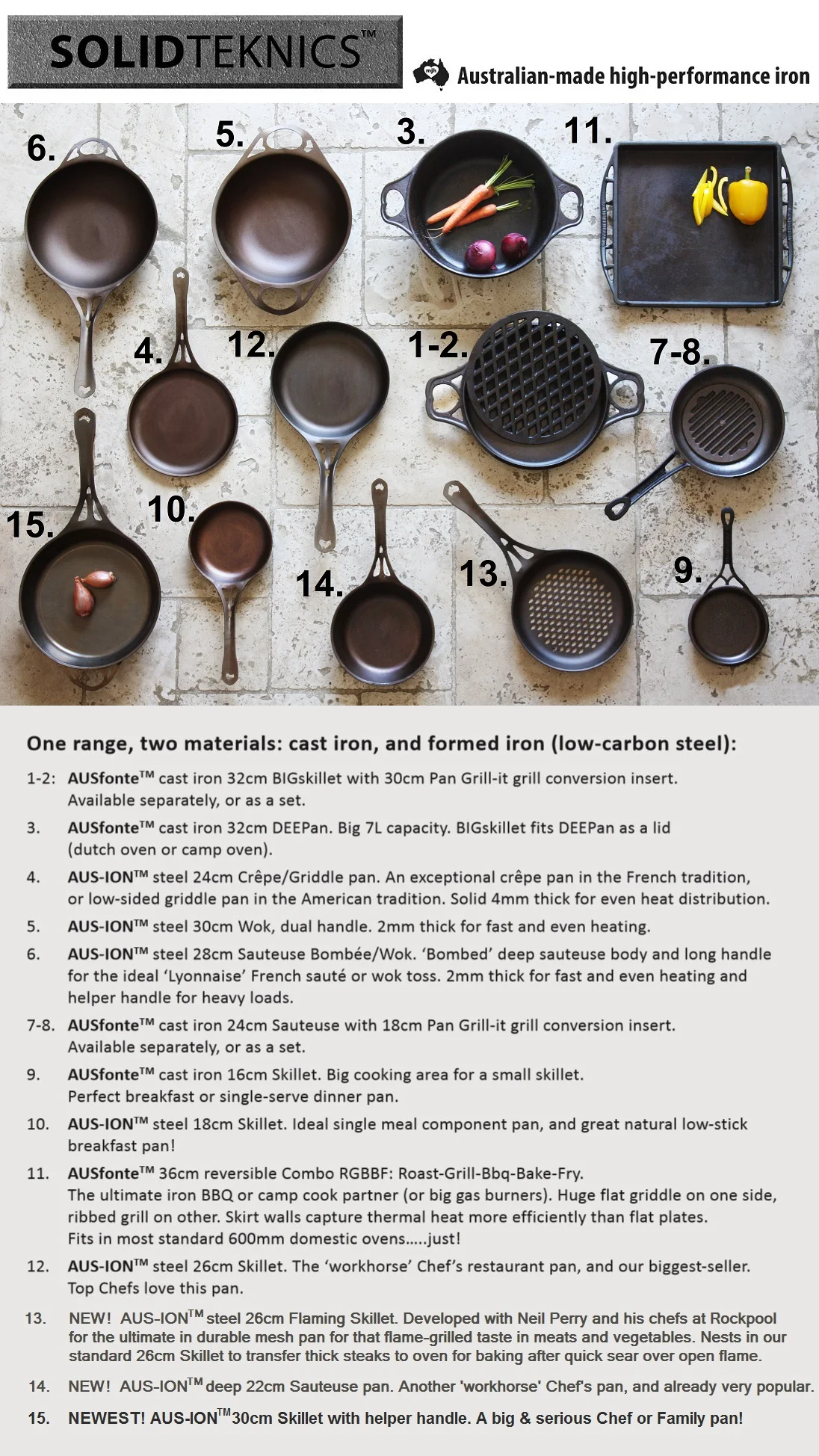 AUSfonte ™ cast iron and AUS-ION™ seamless one-piece steel cookware. Innovative, 100% Australian-made from clean Australian iron: multi-century-durable, forever renewable natural and healthy pre-seasoned low-stick surface. Chef-acclaimed, exported.