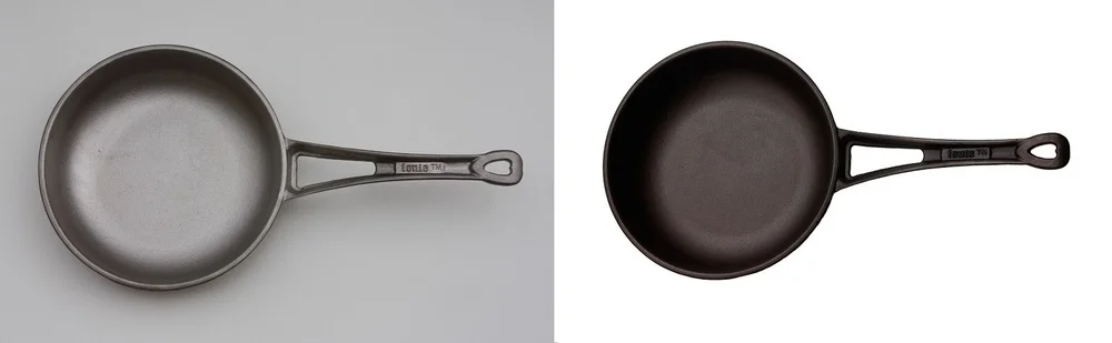 The same cast iron pan: bare, unseasoned iron after casting (left), and well-seasoned (right).