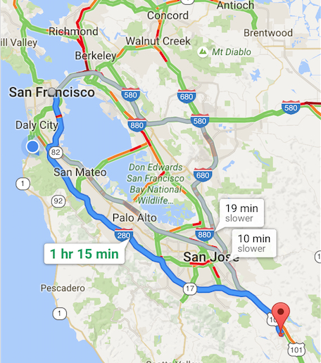The drive from the newsroom in San Francisco to the interview in Morgan Hill.