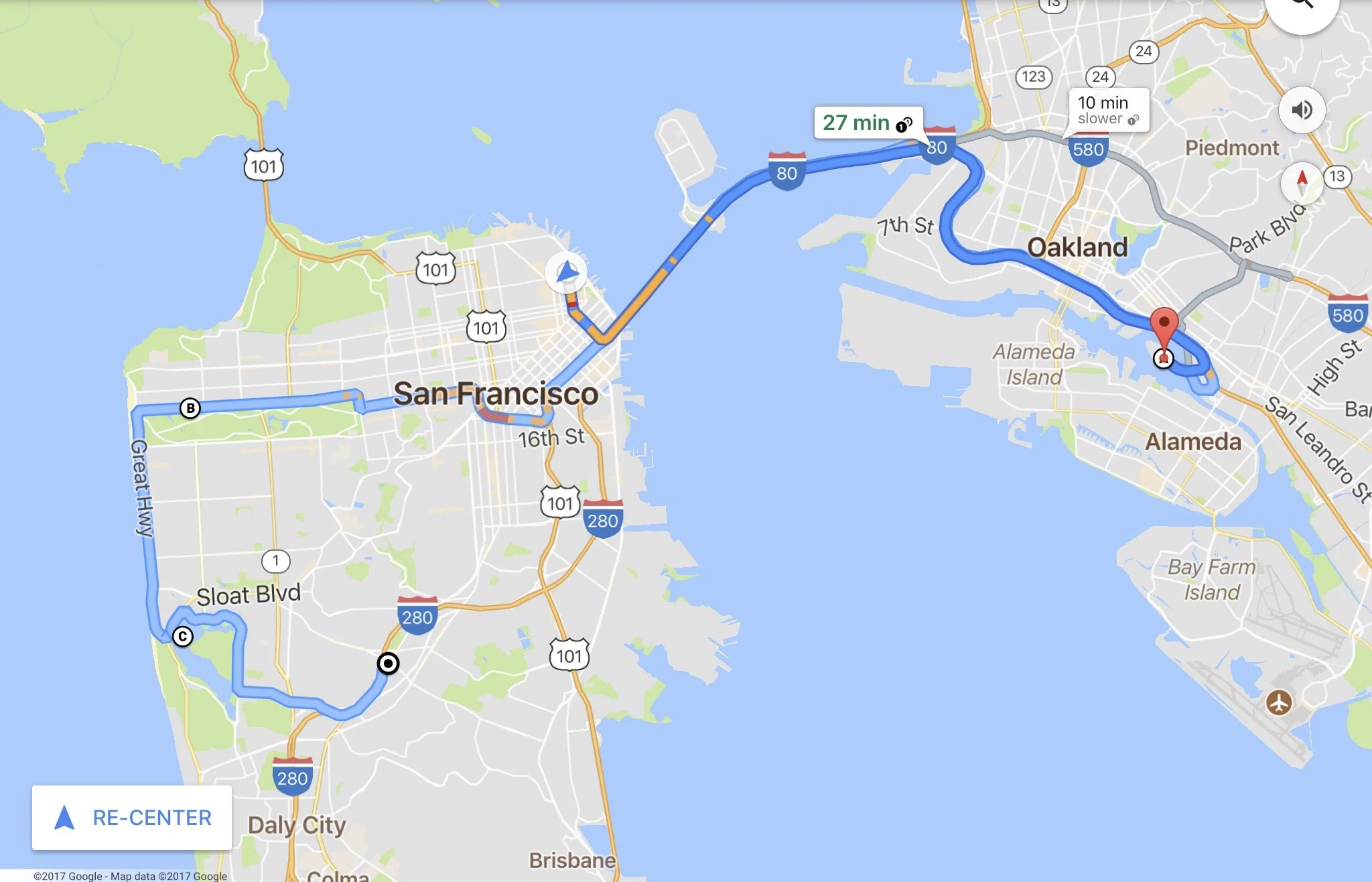 Start at the blue arrow in the newsroom ➡ east to Alameda ➡ back over the Bay Bridge west through San Francisco to Golden Gate Park ➡ south to Lake Merced ➡ east to the presser at the Geneva Car Barn.
