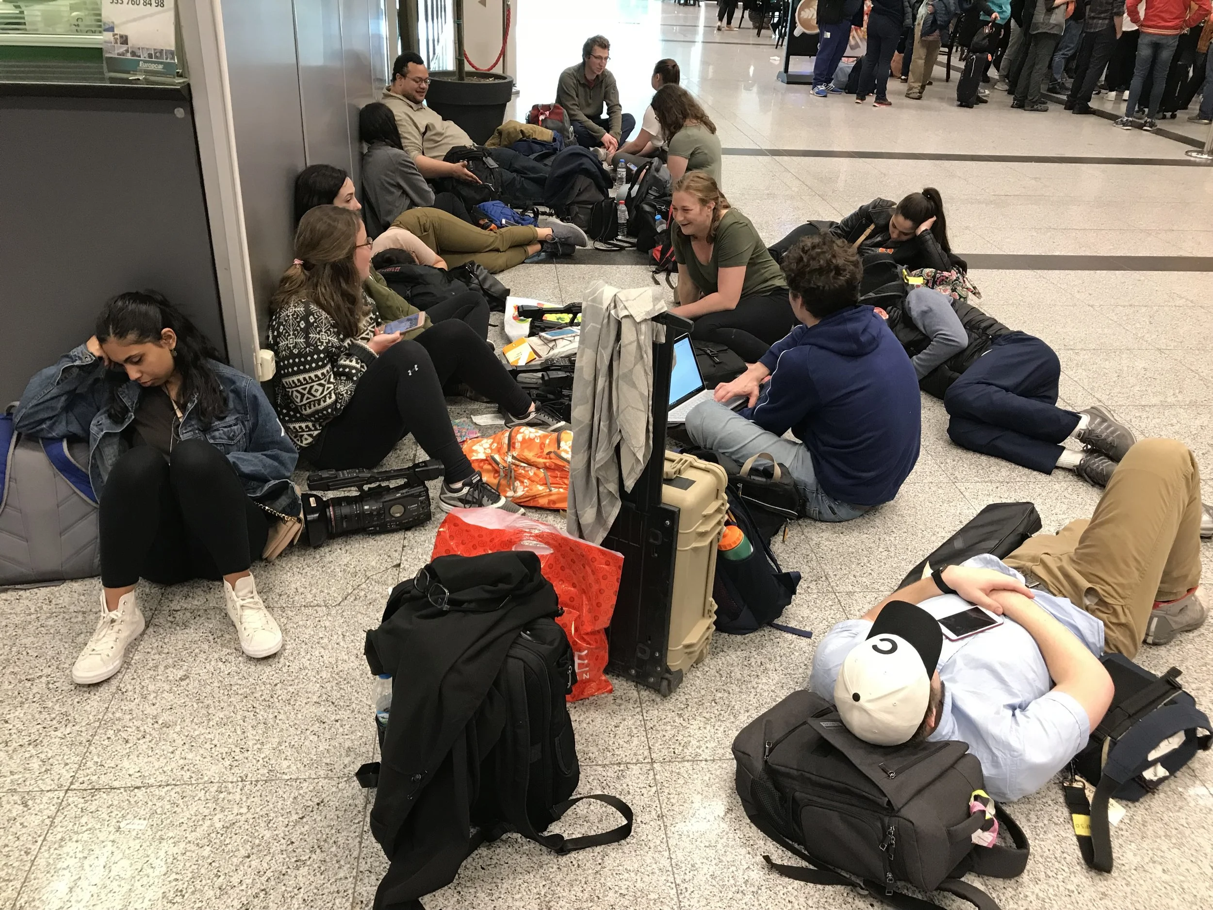 Newhouse students waiting at the Istanbul Airport for a flight home to Syracuse.