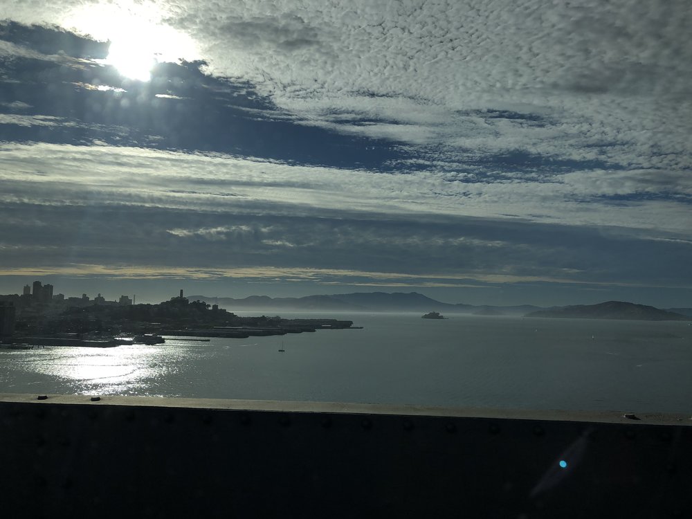  The sun goes down over Alcatraz and the San Francisco Bay. 